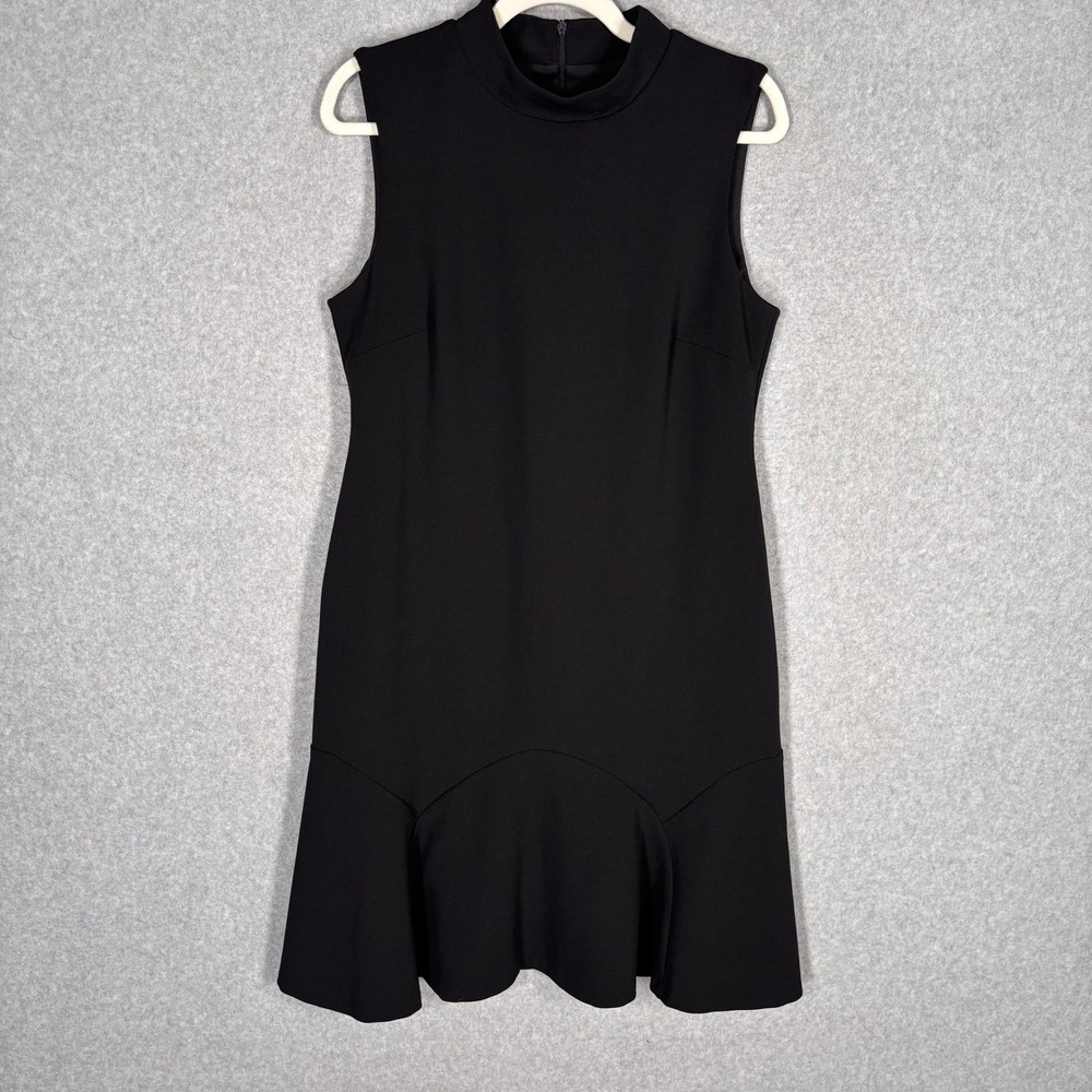 Connected Apparel Dress 8 Black High Neck Ruffle LBD Crepe Ponte Knit Minimalist